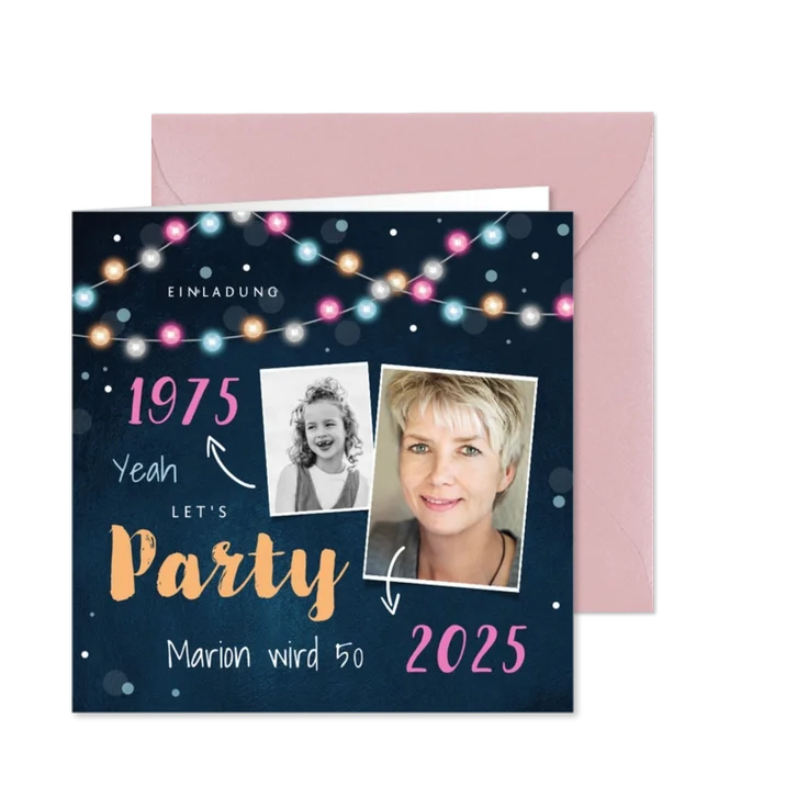 Einladungskarte Party bunte Lichter und zwei Fotos