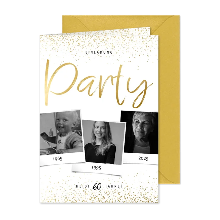 Einladungskarte Party drei Fotos und Konfetti