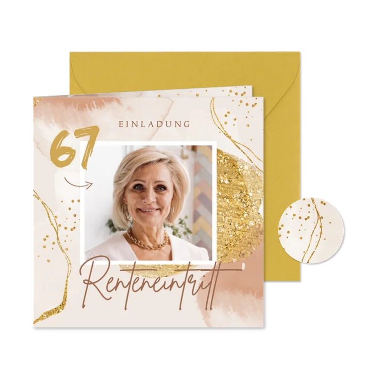 Einladungskarte Renteneintritt Gold Glitzer mit Foto