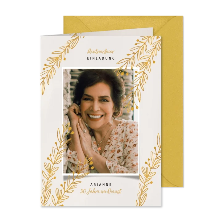 Einladungskarte Rentnerfeier goldene Zweige und Foto