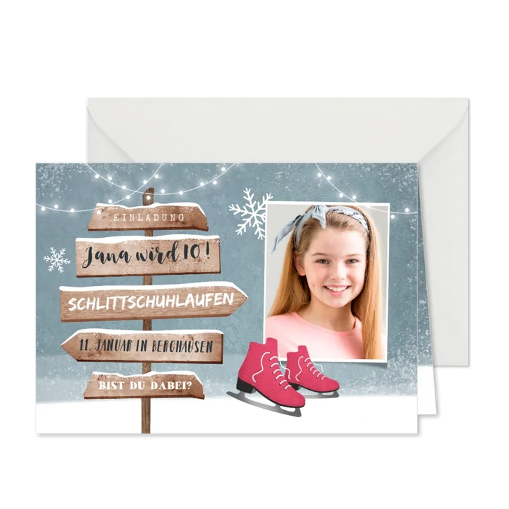 Einladungskarte rosa Schlittschuhe, Foto und Wegweiser
