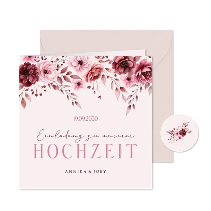 Einladungskarte Rosengesteck rosa Hochzeit