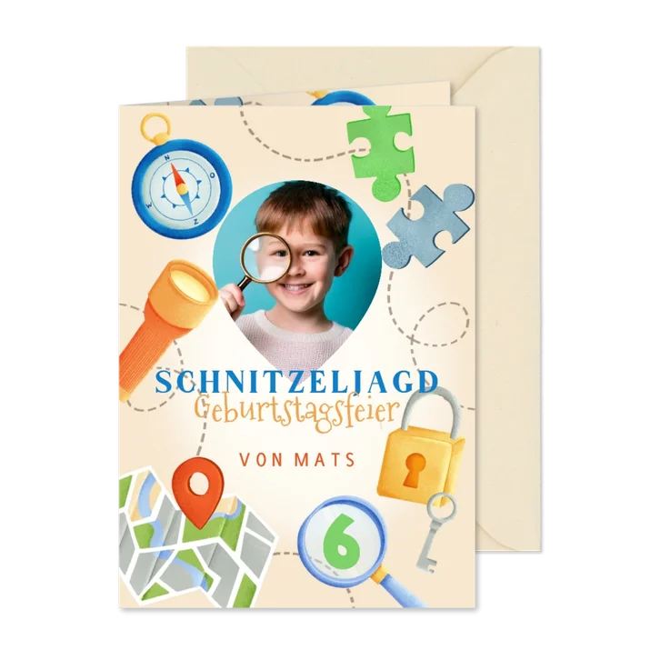 Einladungskarte Schnitzeljagd Kindergeburtstag mit Foto