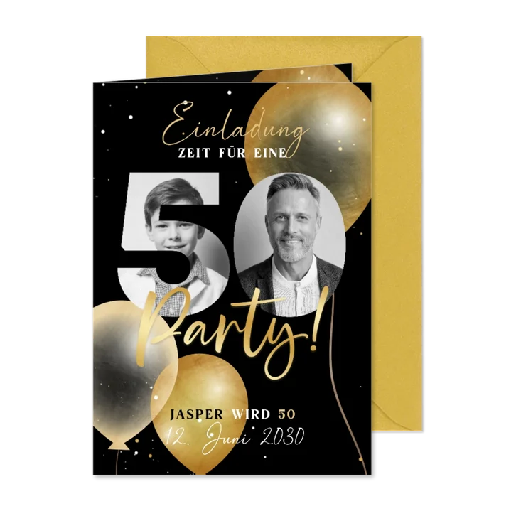Einladungskarte schwarz 50. Geburtstag Fotocollage in Zahl
