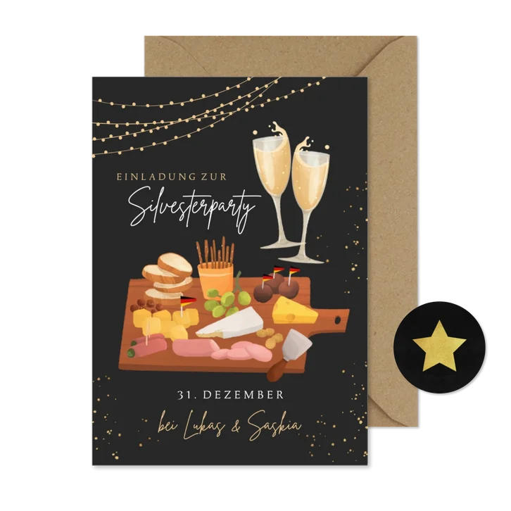 Einladungskarte Silvesterparty Sekt & Häppchen