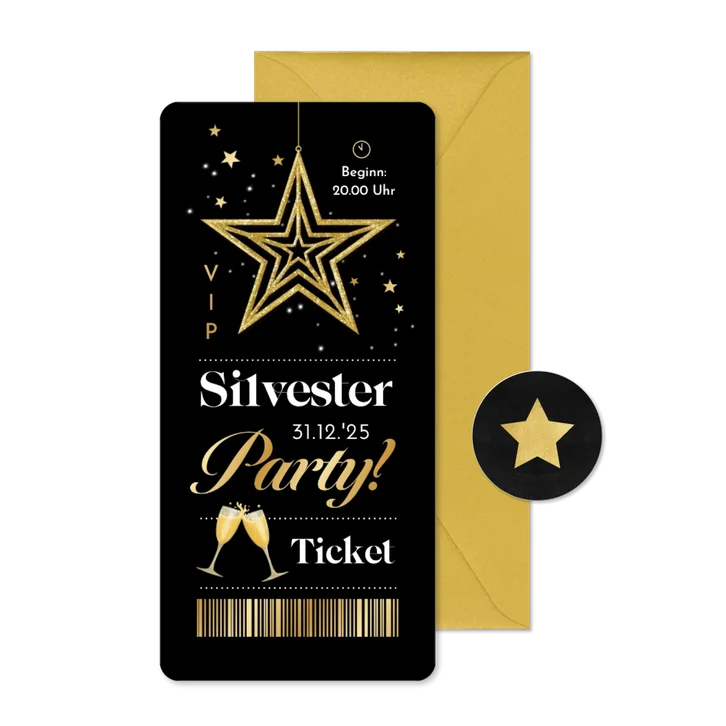 Einladungskarte Silvesterparty VIP-Ticket gold