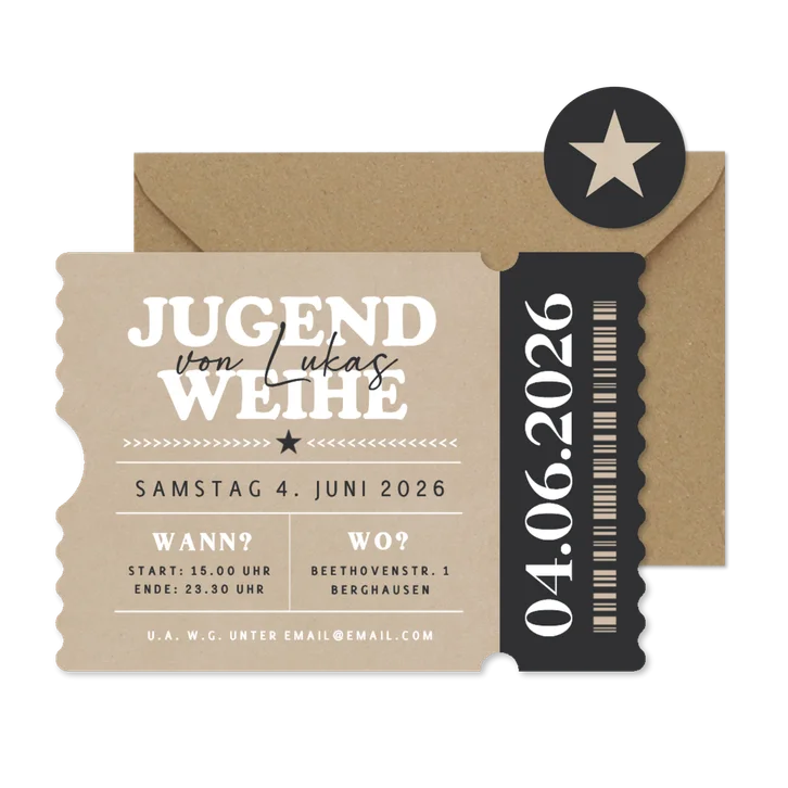 Einladungskarte Ticket Jugendweihe Kraftlook & Schwarz