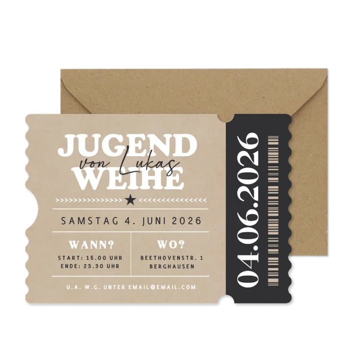 Einladungskarte Ticket Jugendweihe Kraftlook & Schwarz