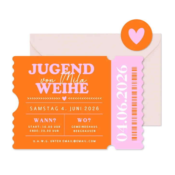 Einladungskarte Ticket Jugendweihe orange-rosa