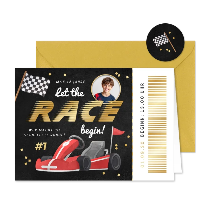 Einladungskarte Ticket Race Kart fahren mit Foto