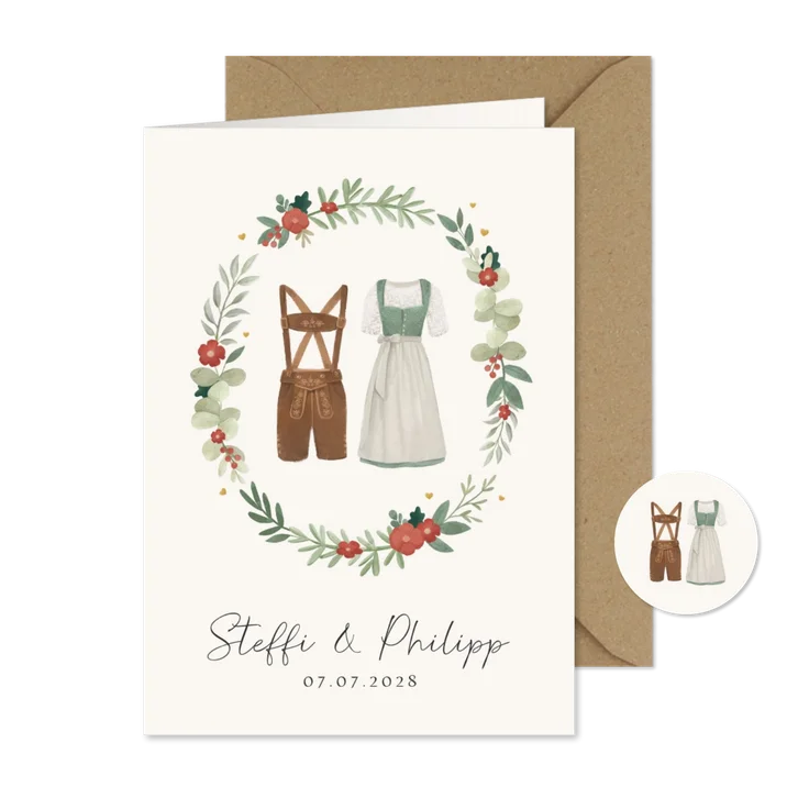 Einladungskarte Trachtenhochzeit Dirndl & Lederhose
