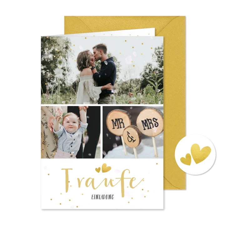 Einladungskarte Traufe Fotocollage, Konfetti und Timeline