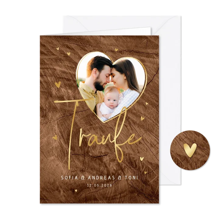 Einladungskarte Traufe Herzfoto & Goldschrift auf Holz