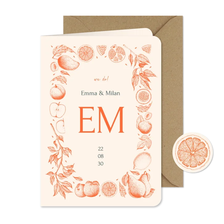 Einladungskarte Vintage Früchte Linienzeichnung