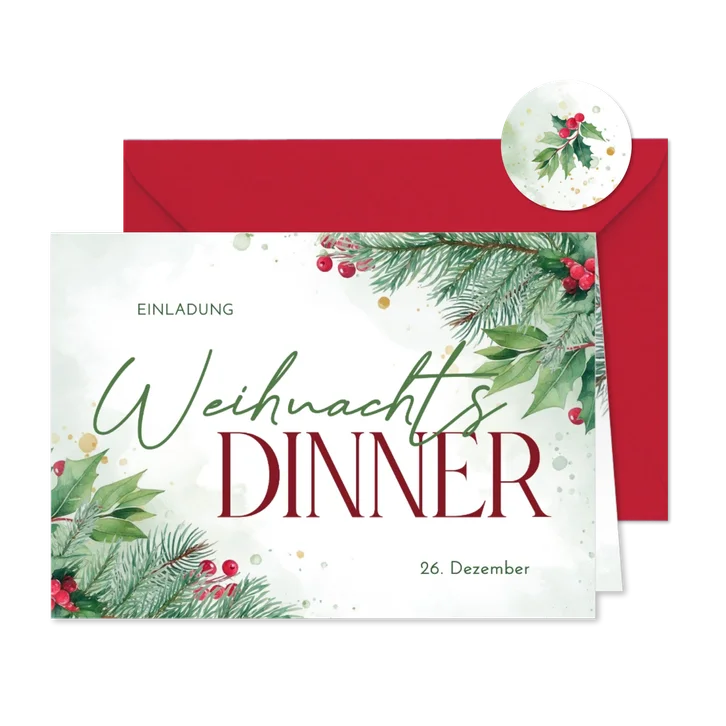 Einladungskarte Weihnachtsdinner Tannenzweige und Beeren