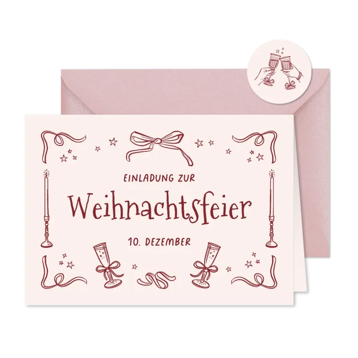 Einladungskarte Weihnachtsessen geschäftlich Doodles rosa