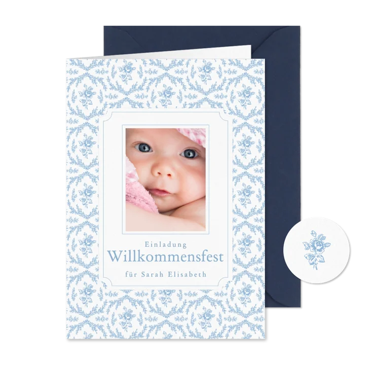 Einladungskarte Willkommensfest blaue Rosen