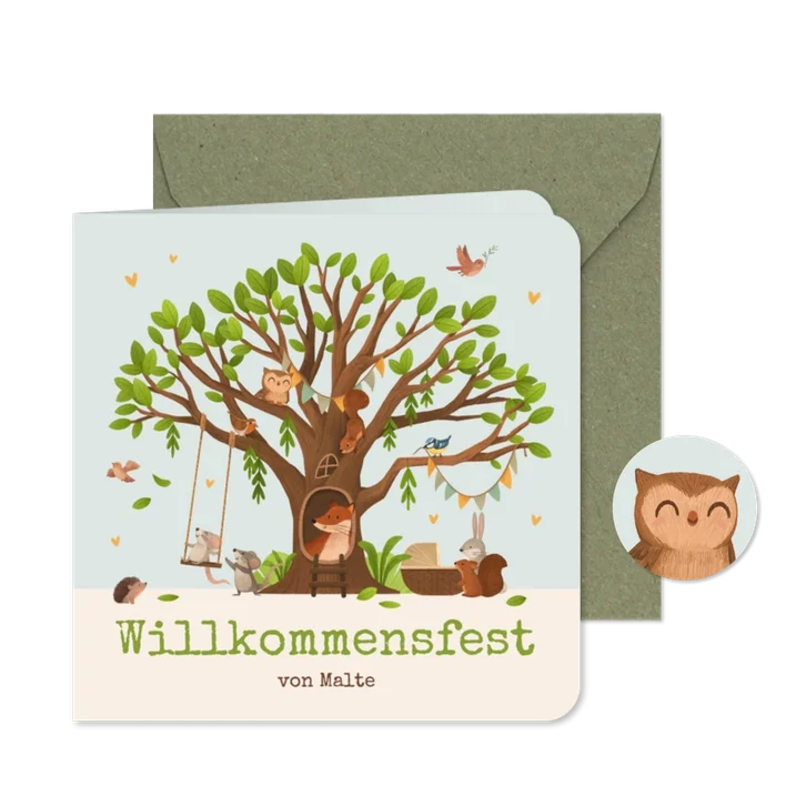 Einladungskarte Willkommensfest Waldtiere & Baum