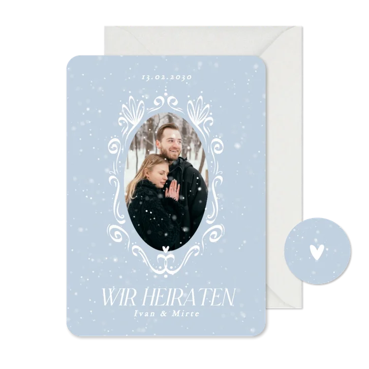 Einladungskarte Winterhochzeit Schneeflocken mit Foto