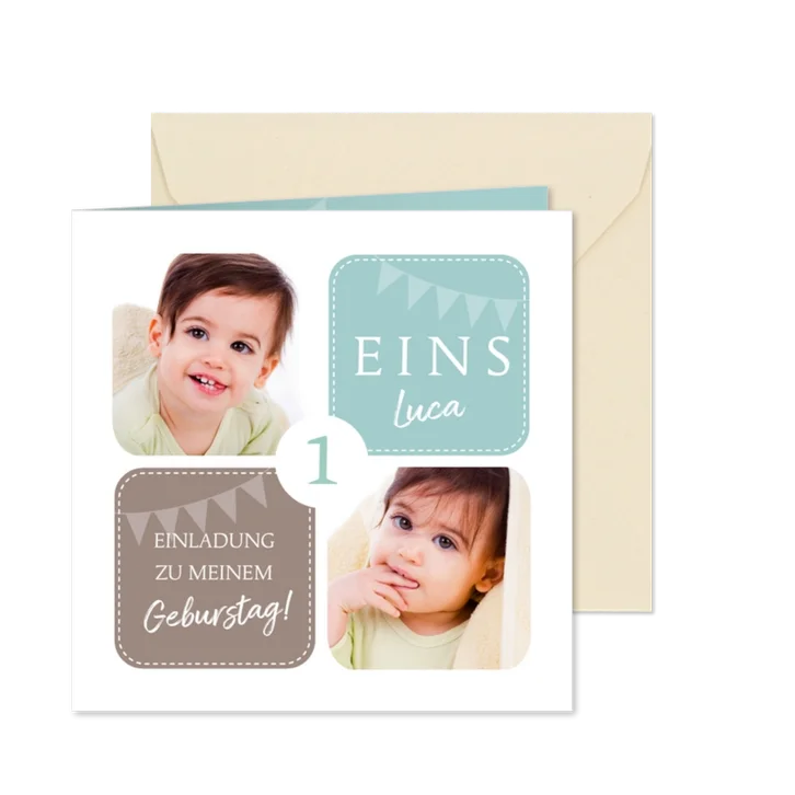 Einladungskarte zum 1. Kindergeburtstag mit Fotos grün