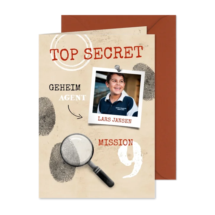 Einladungskarte zum 9. Kindergeburtstag Geheimagent
