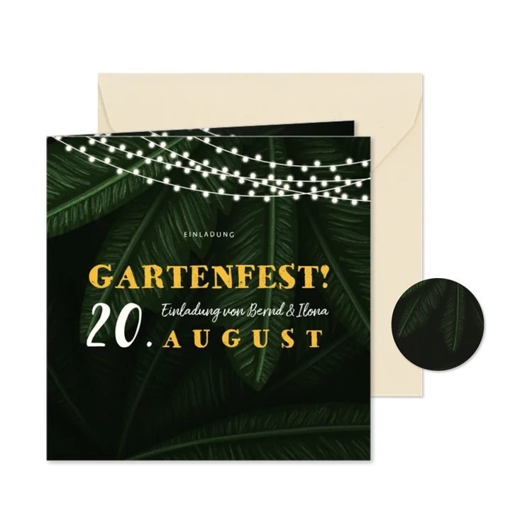 Einladungskarte zum Gartenfest Palmblätter