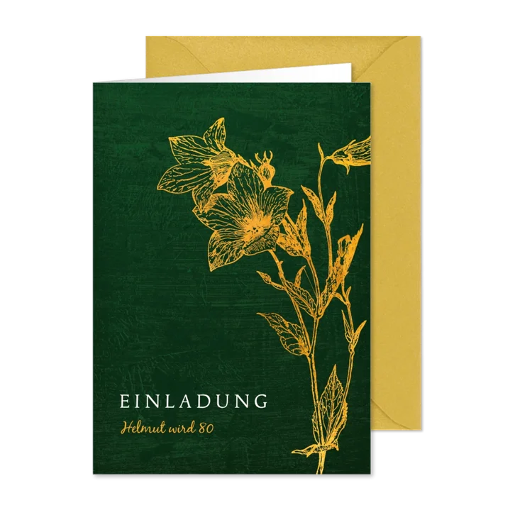Einladungskarte zum Geburtstag Glockenblume gold