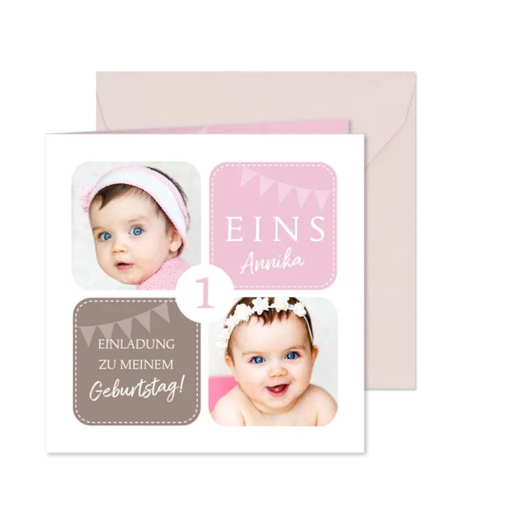 Einladungskarte zum Kindergeburtstag rosa mit Fotos 1 Jahr