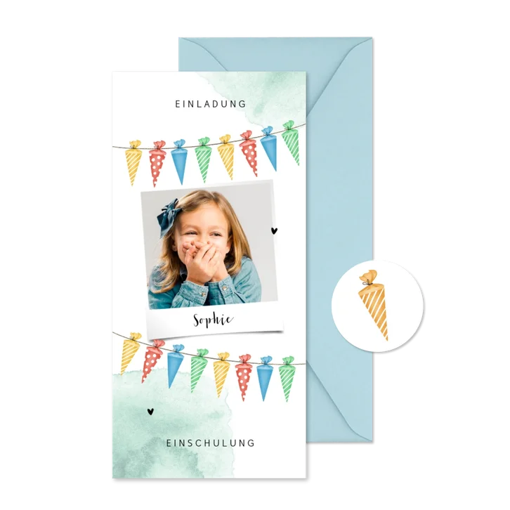 Einladungskarte zur Einschulung Fröhliche Schultüten