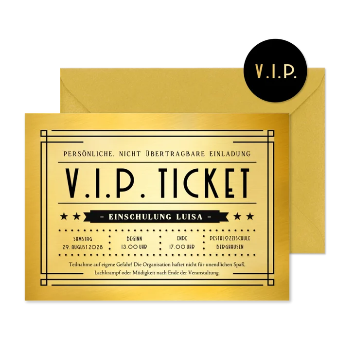 Einladungskarte zur Einschulung VIP-Ticket Goldlook