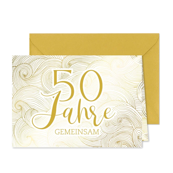 Einladungskarte zur Goldhochzeit mit goldenen Wellen