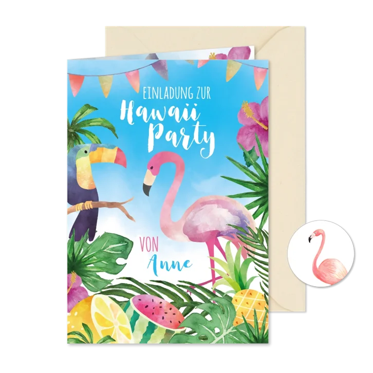 Einladungskarte zur Hawaiiparty Flamingo & Tukan