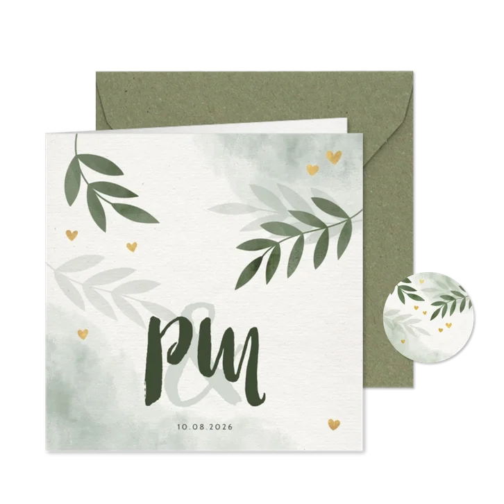 Einladungskarte zur Hochzeit mit Blättern, Herzen & Foto