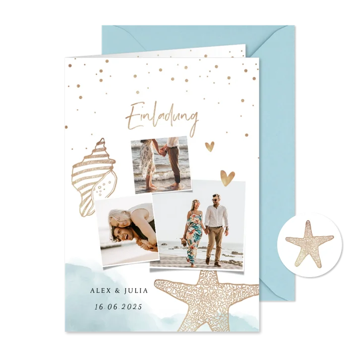 Einladungskarte zur Hochzeit mit Foto & Strandfeeling