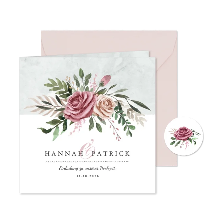 Einladungskarte zur Hochzeit Rosen & Marmor