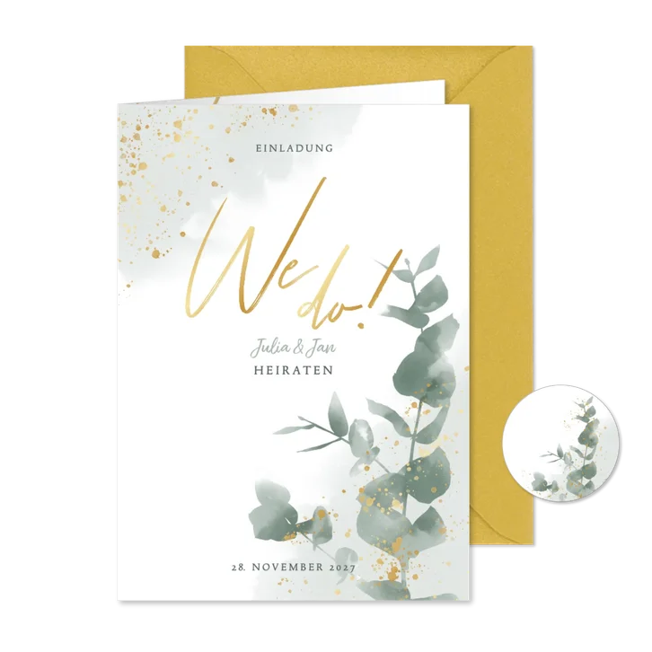 Einladungskarte zur Hochzeit Timline & Eukalyptus Gold