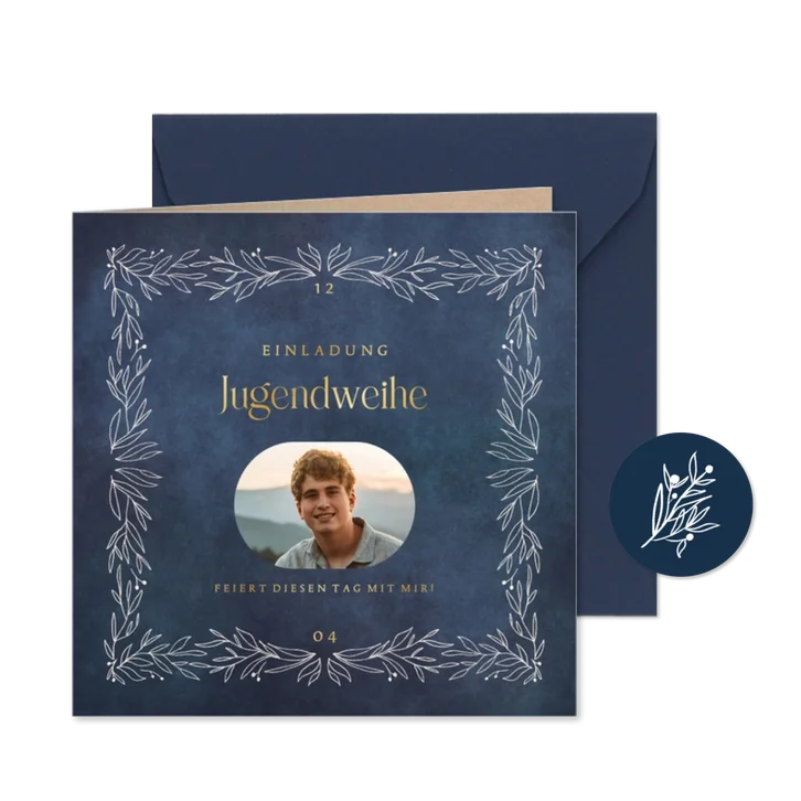 Einladungskarte zur Jugendweihe Rahmen aus Zweigen & Foto