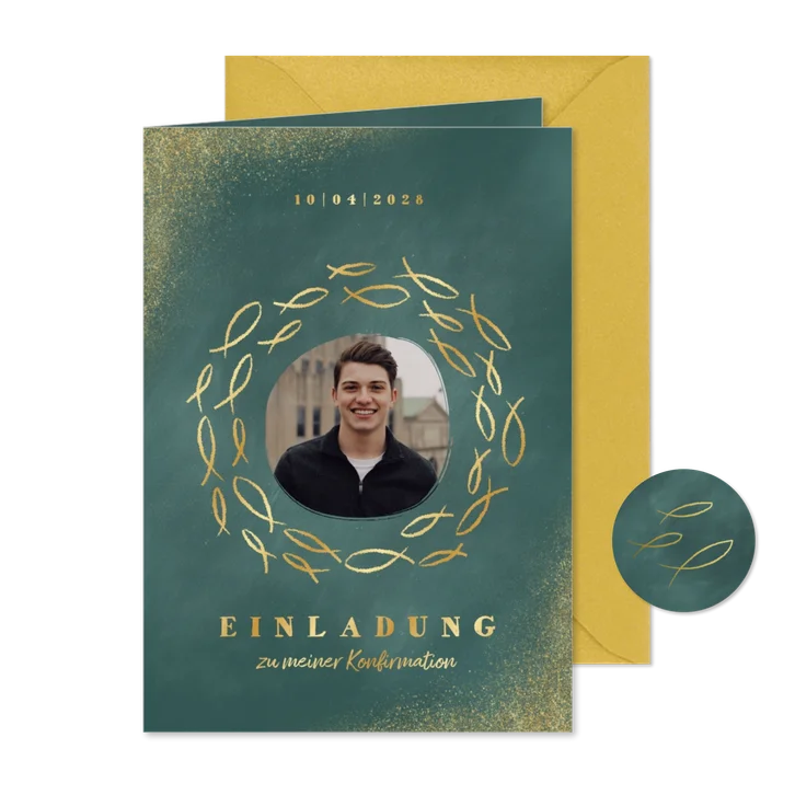 Einladungskarte zur Konfirmation Foto und Goldfische