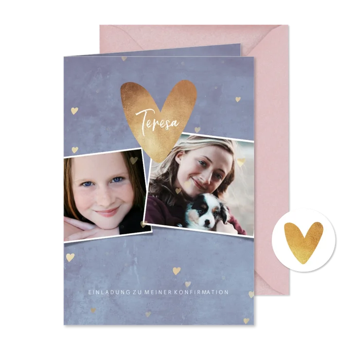 Einladungskarte zur Konfirmation Herzen & Fotocollage