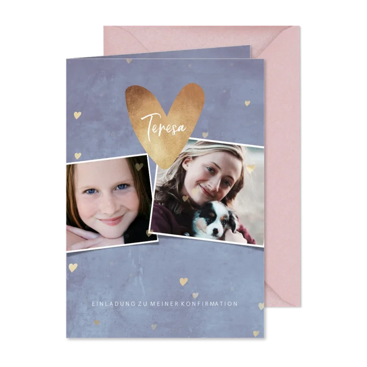 Einladungskarte zur Konfirmation Herzen & Fotocollage