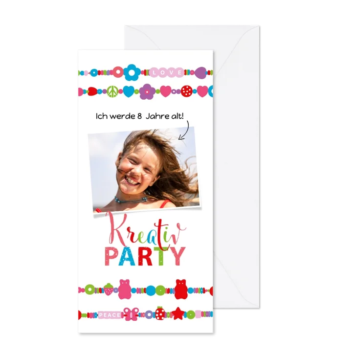 EInladungskarte zur Kreativparty mit bunten Perlen 8 Jahre