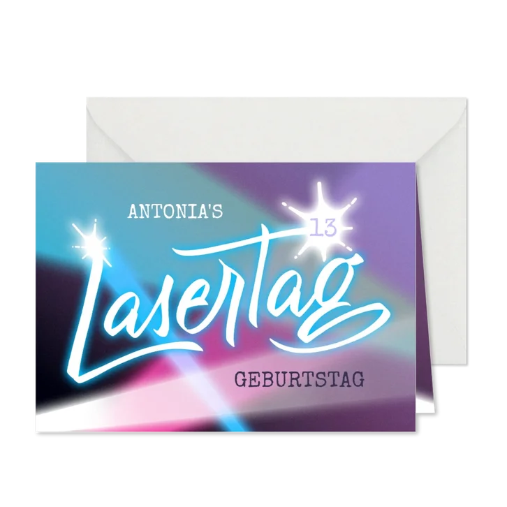 Einladungskarte zur Lasertag-Party mit Lettering