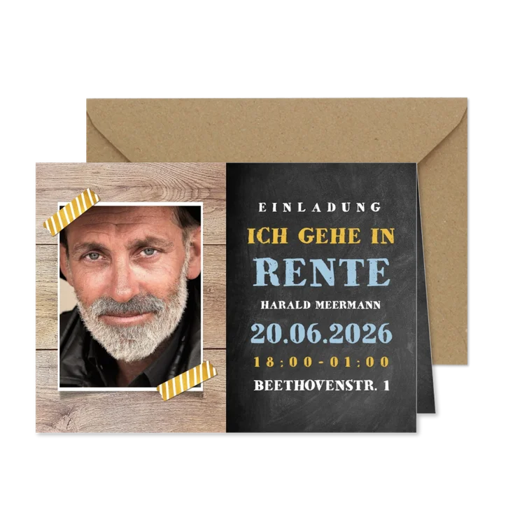 Einladungskarte zur Rentnerfeier mit Foto auf Holz