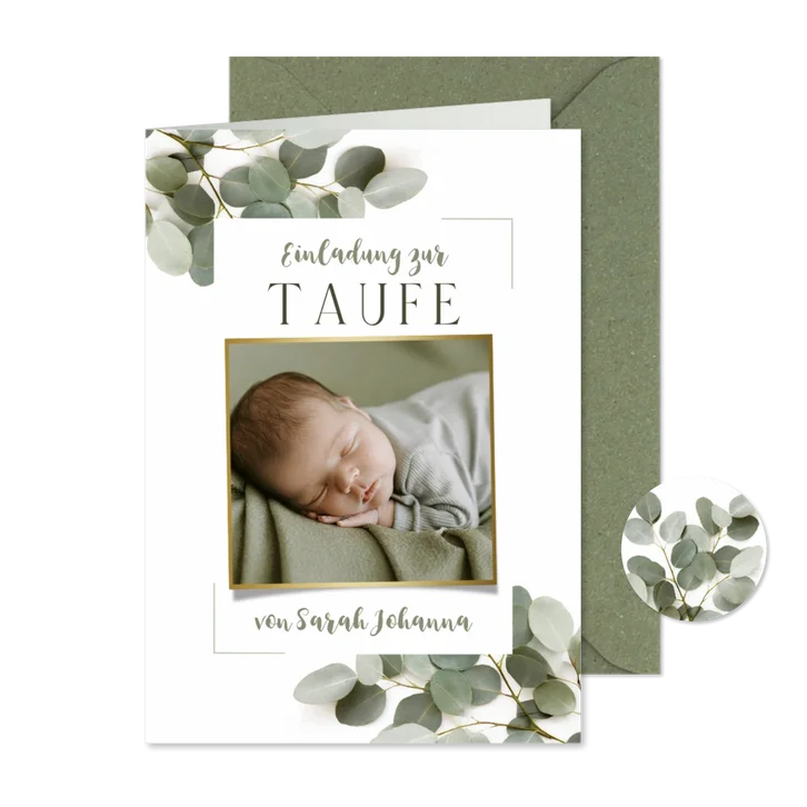 Einladungskarte zur Taufe Eukalyptus mit Foto & Rahmen