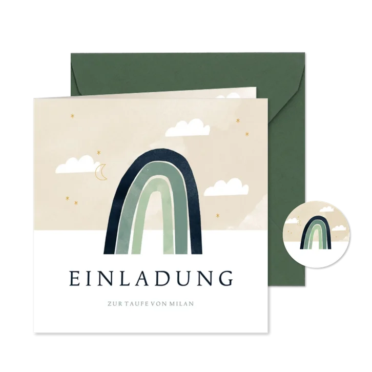 Einladungskarte zur Taufe grüner Regenbogen & Wolken