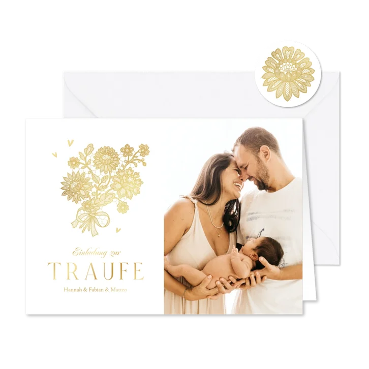 Einladungskarte zur Traufe Spitze, Foto & Goldakzente