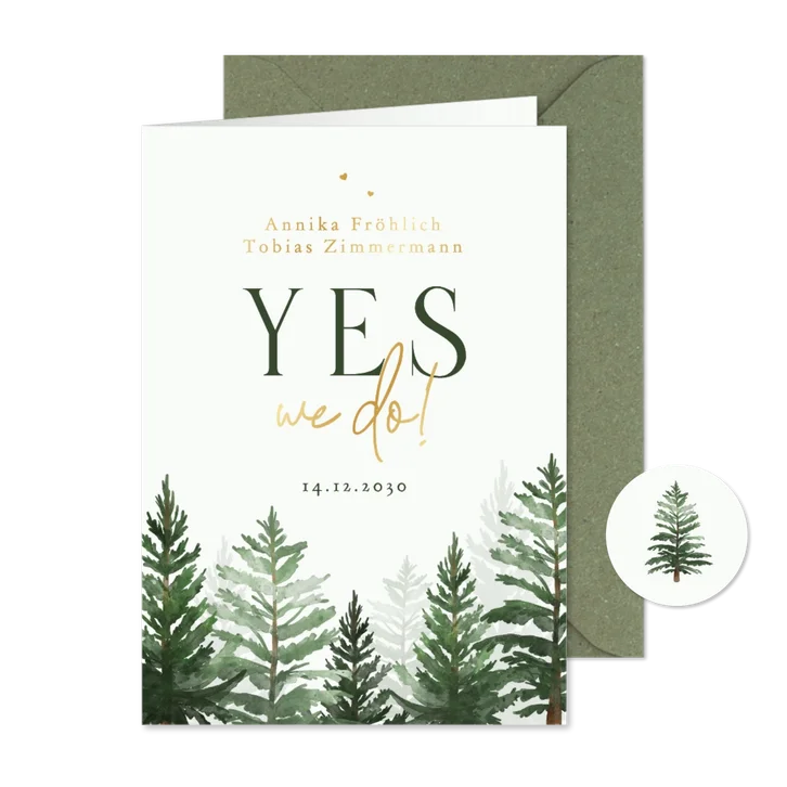 Einladungskarte zur Winter Hochzeit Tannenbäume