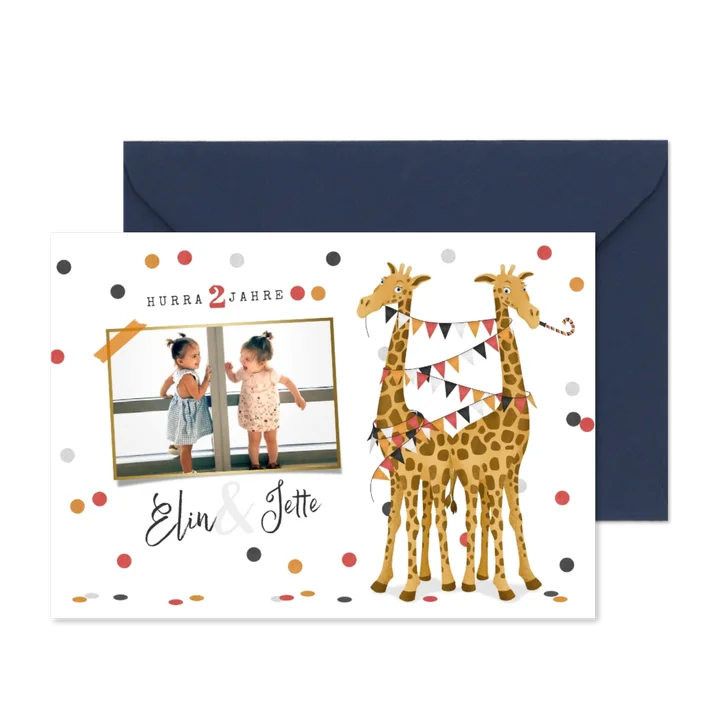Einladungskarte Zwillinge Foto, Giraffen und Konfetti
