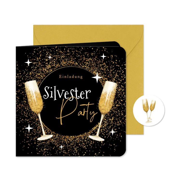 EinladungskarteNeujahr Silvesterparty Goldstaub Sektgläser