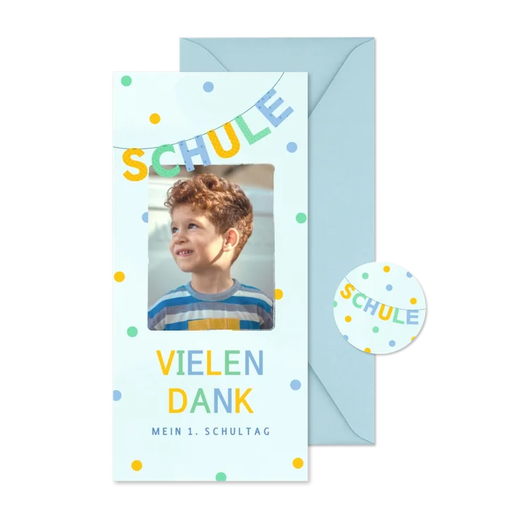 Einschulung Dankeskarte blau Foto & Konfetti